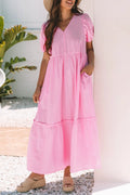 Striped Puff Sleeve V-Neck Maxi Dress - Blushé Belle