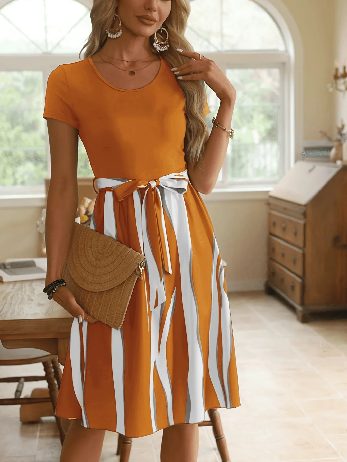 Striped Short Sleeve Tie Waist Dress - Blushé Belle
