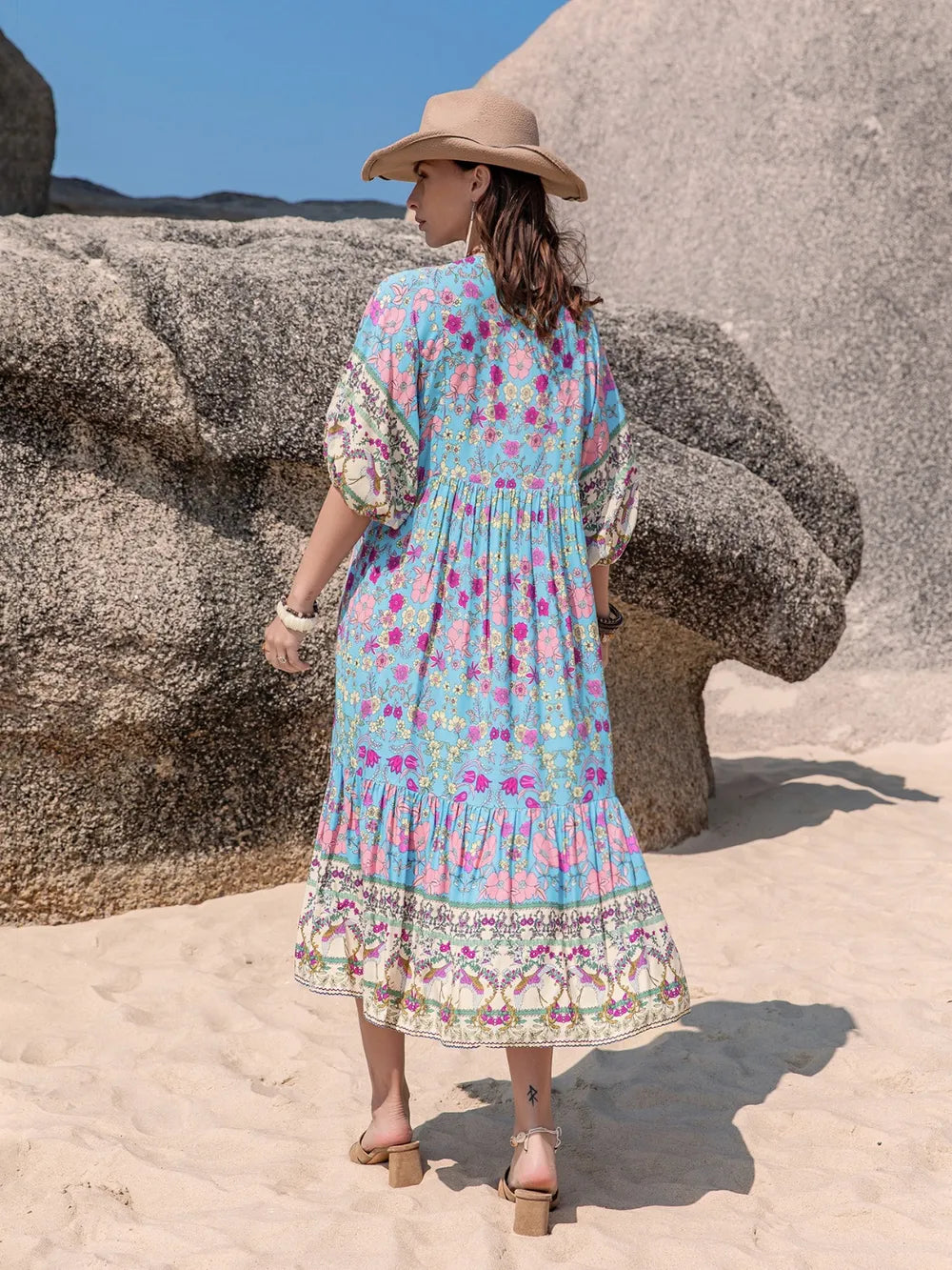 Printed Puff Sleeve Ruched Midi Dress - Blushé Belle