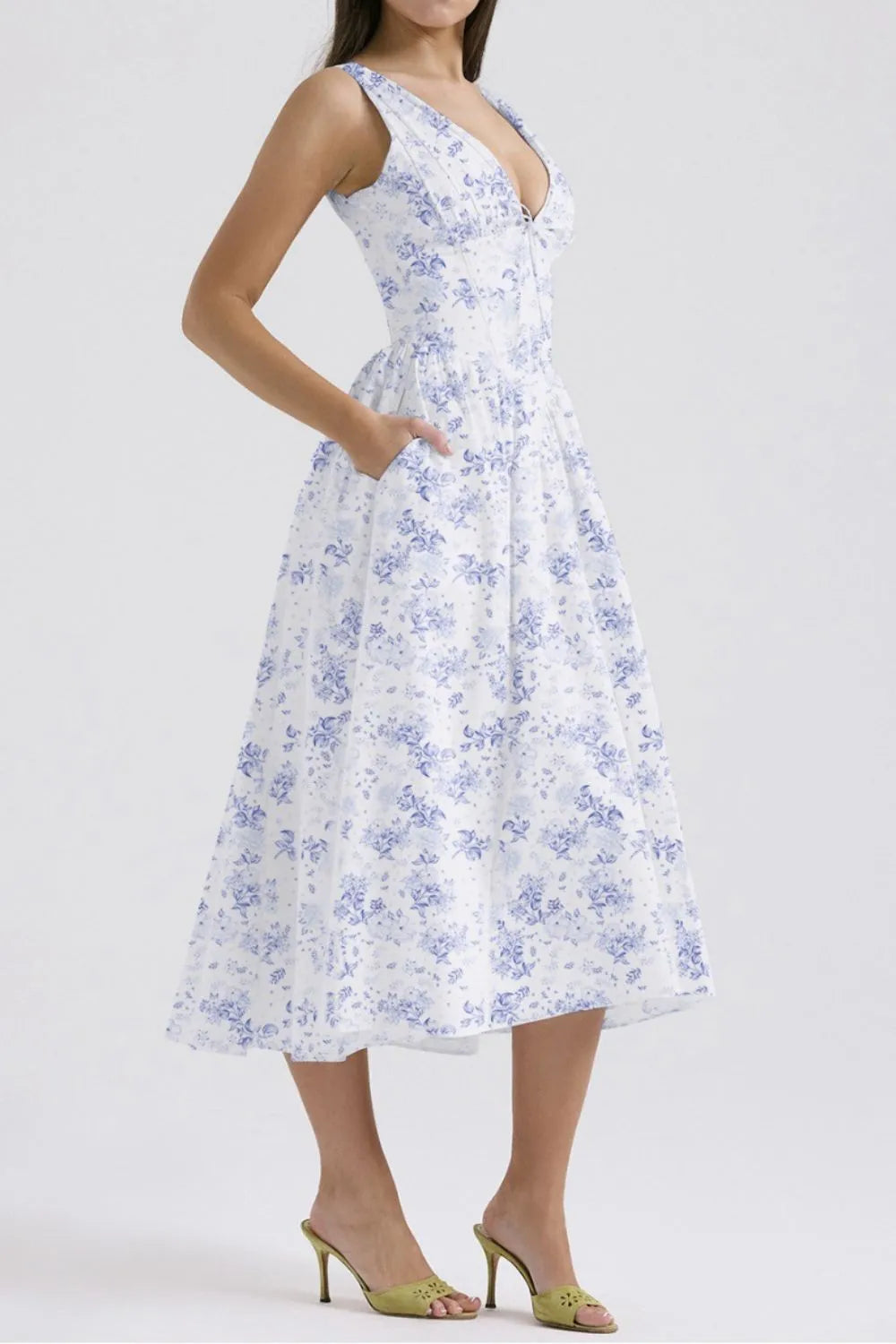 Floral V-Neck Sleeveless Midi Dress with Pockets - Blushé Belle