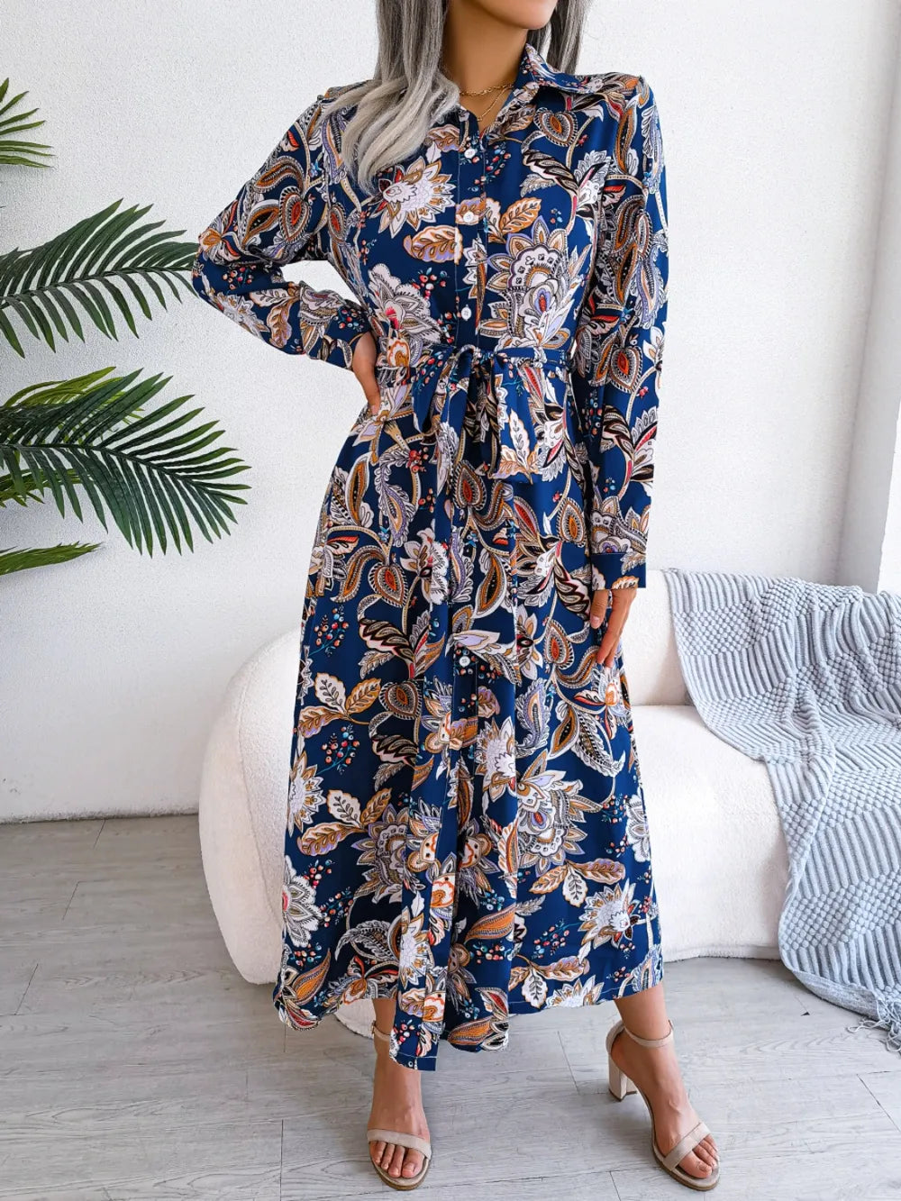 Tied Printed Long Sleeve Midi Dress - Blushé Belle