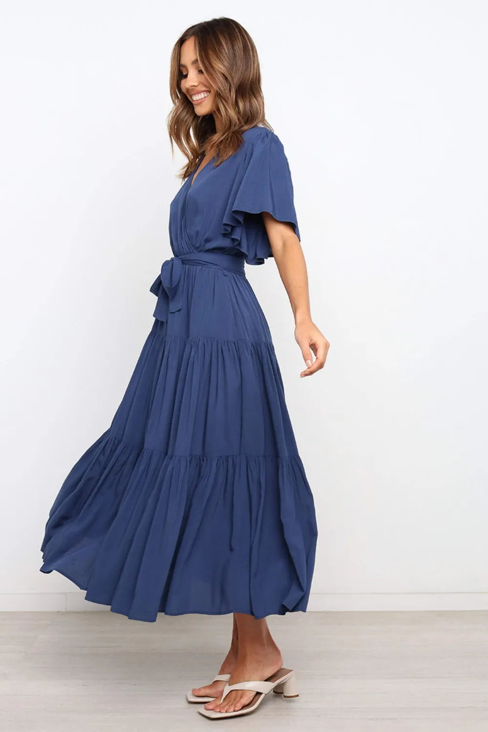 Front Tie Short Sleeve Tiered Midi Dress - Blushé Belle