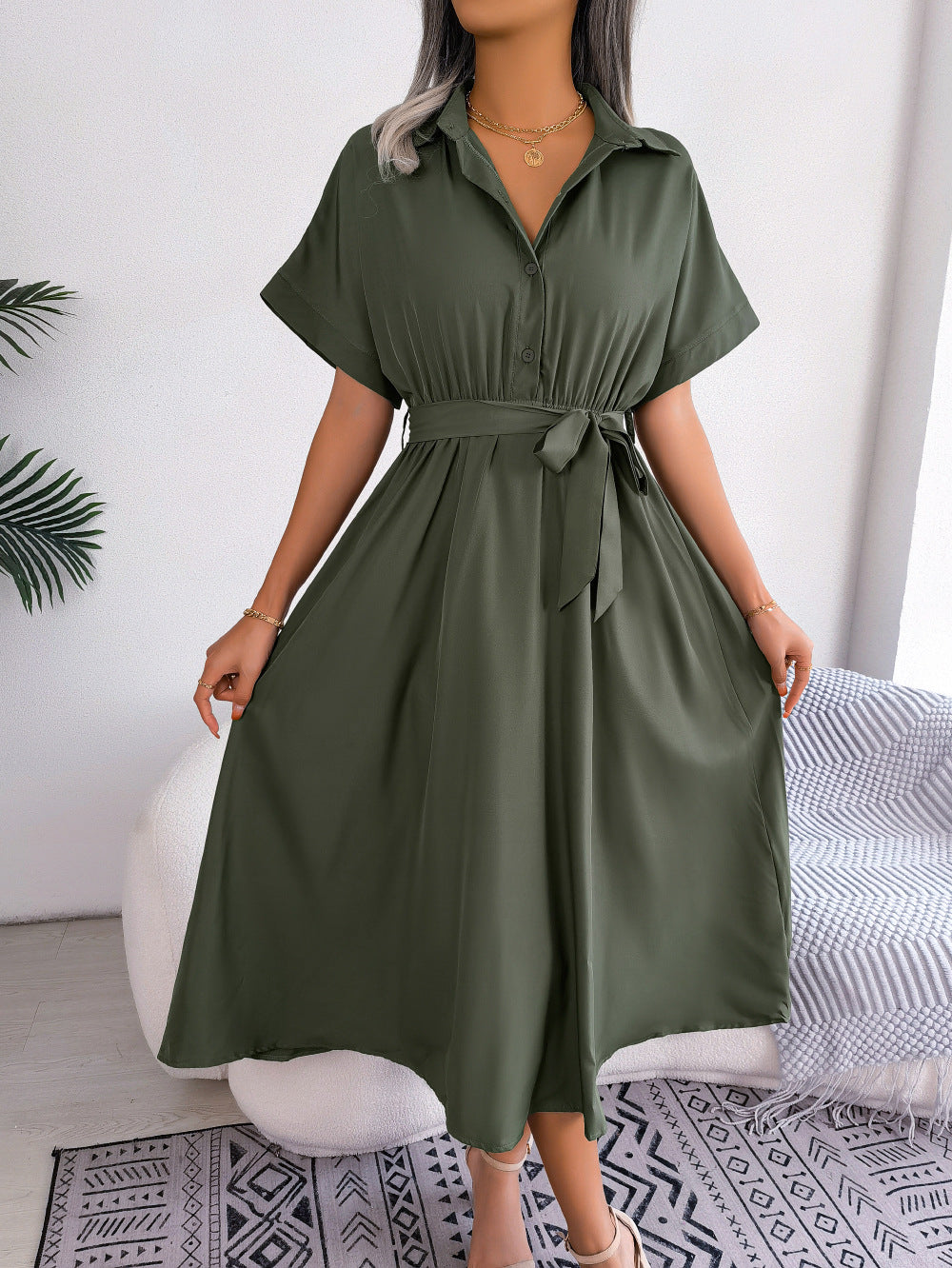 Short Sleeve Collared Tie Belt Dress - Blushé Belle