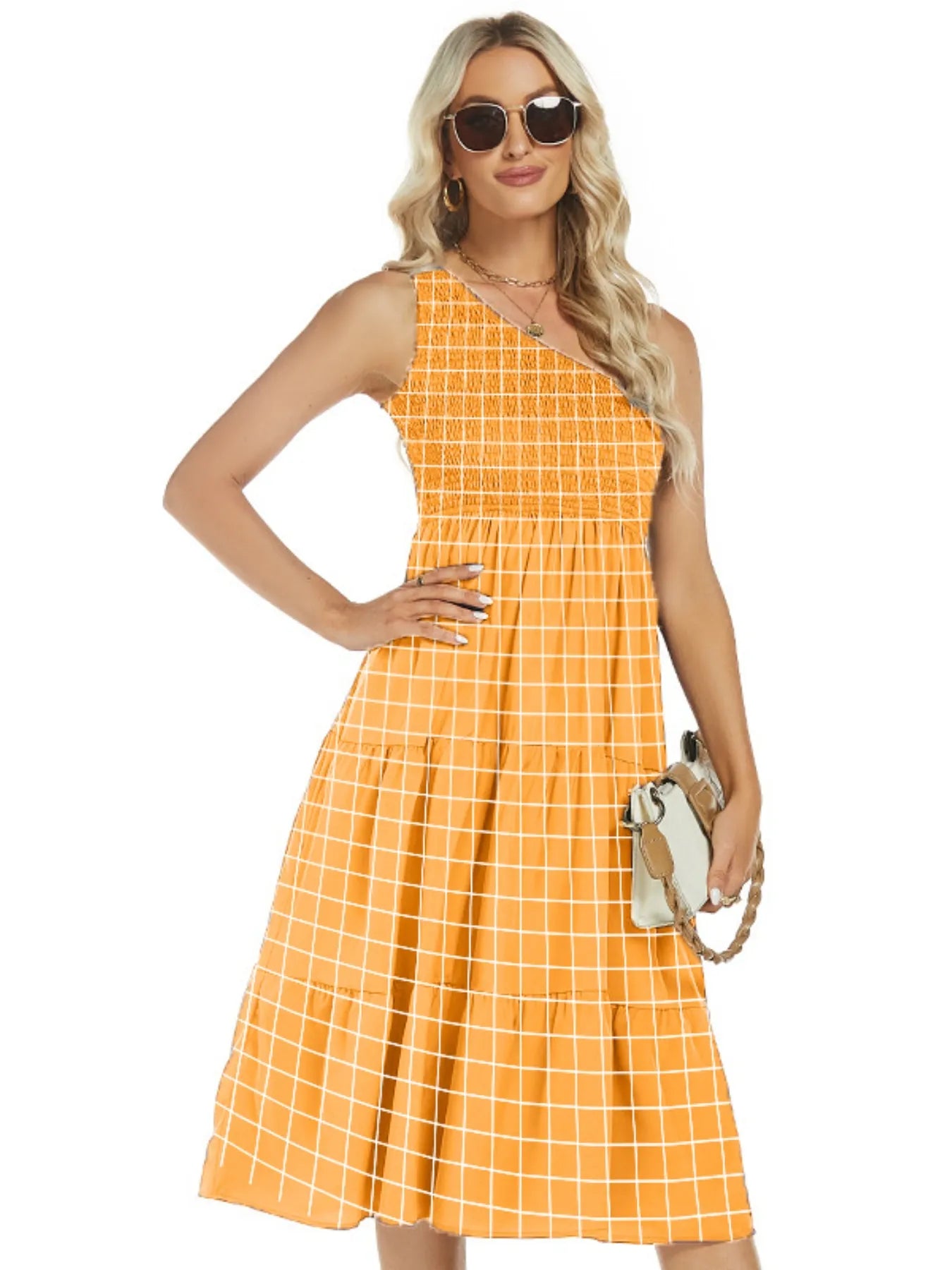 One-Shoulder Tiered Midi Dress with Smocked Bodice - Blushé Belle