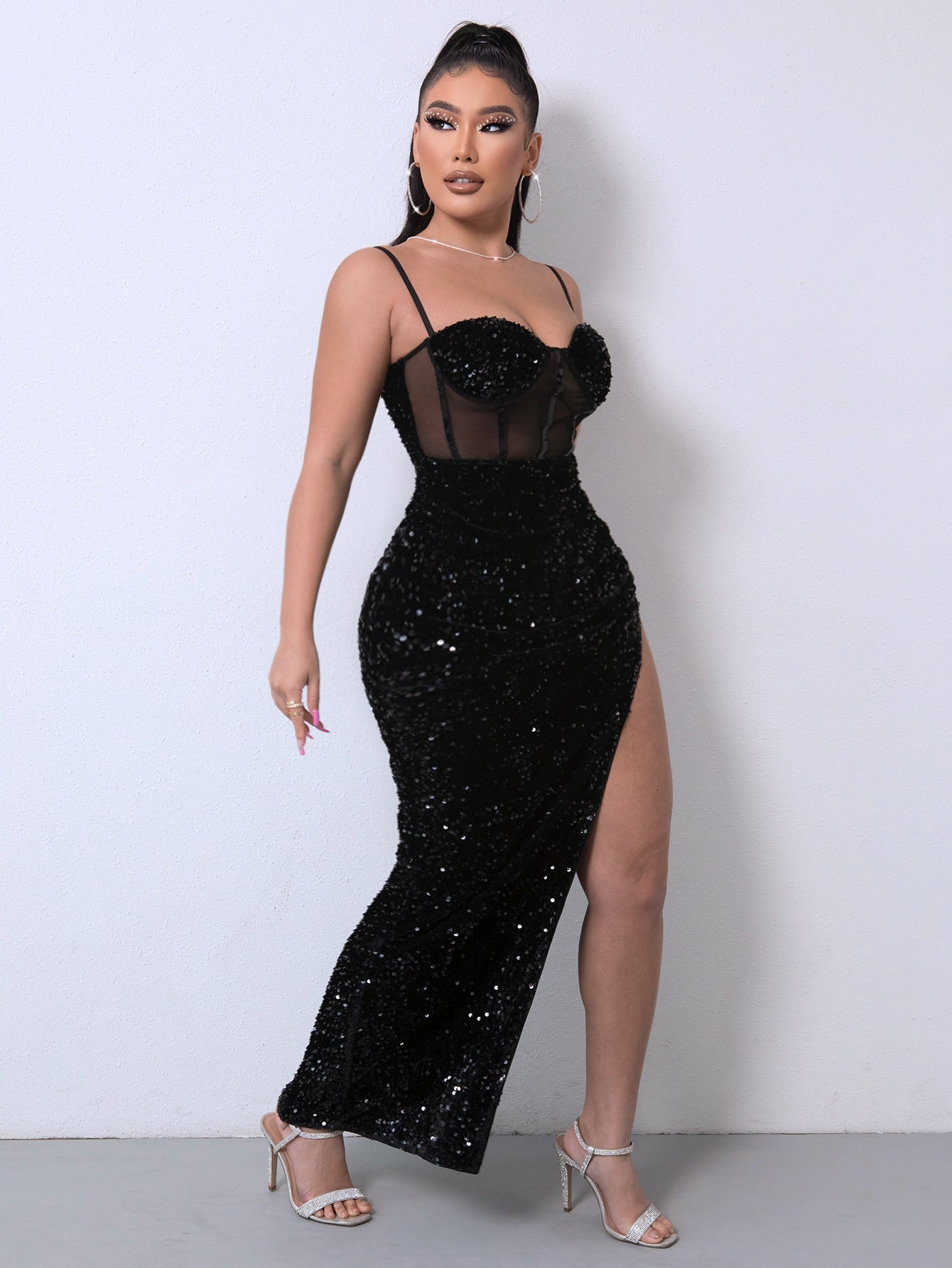 Sequin Spliced Mesh Adjustable Strap Dress - Blushé Belle