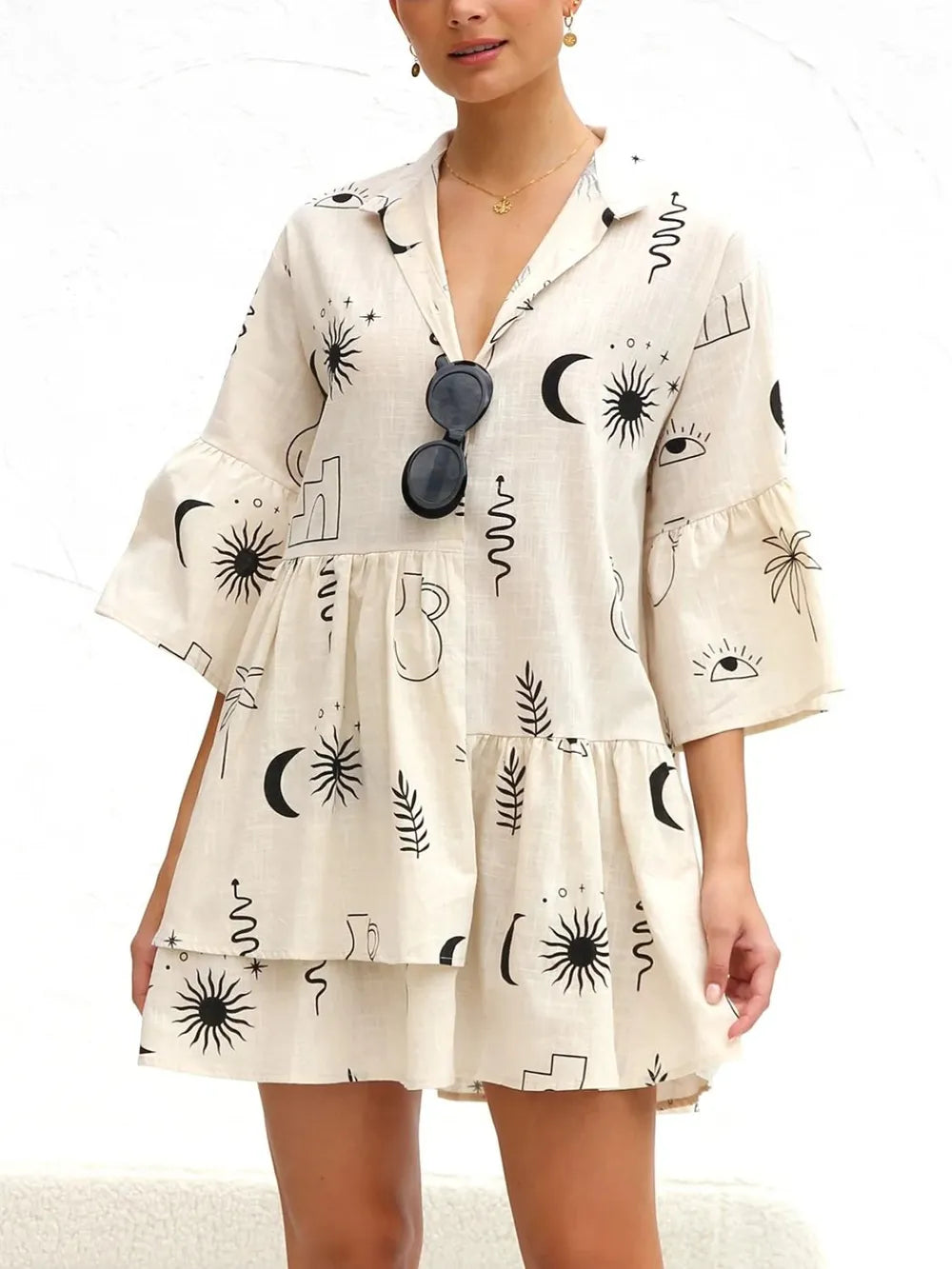 Printed Collared Neck Three-Quarter Sleeve Mini Dress - Blushé Belle