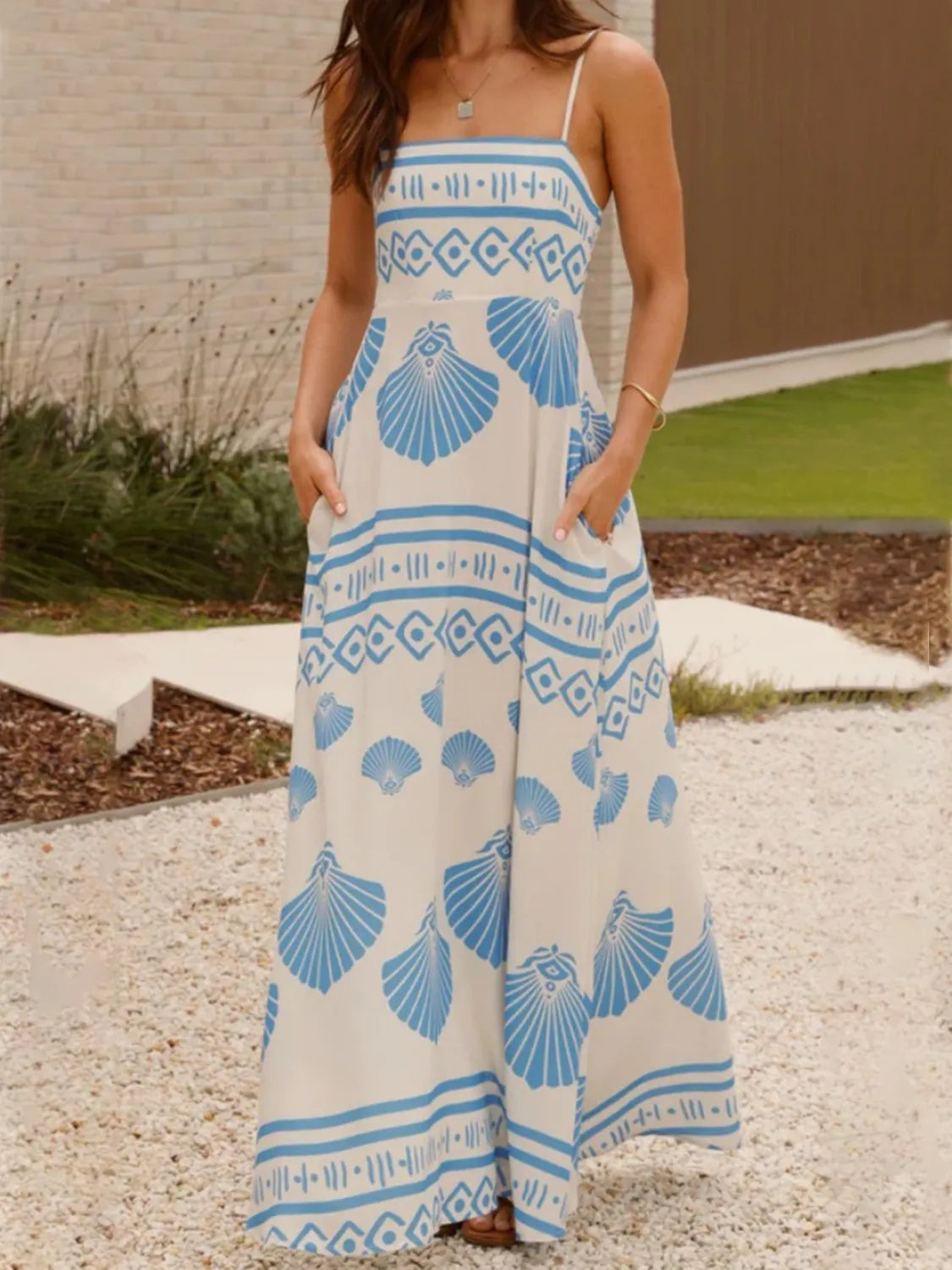 Seashell Print Spaghetti Strap Maxi Dress - Blushé Belle