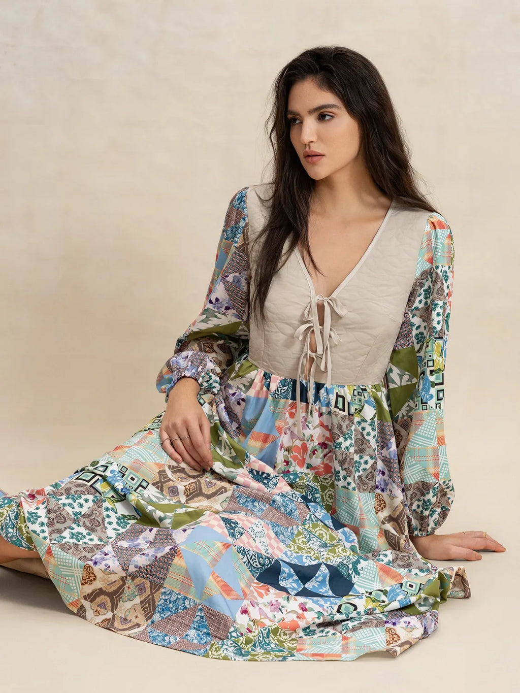 Tied Front Printed Long Sleeve Maxi Dress - Blushé Belle