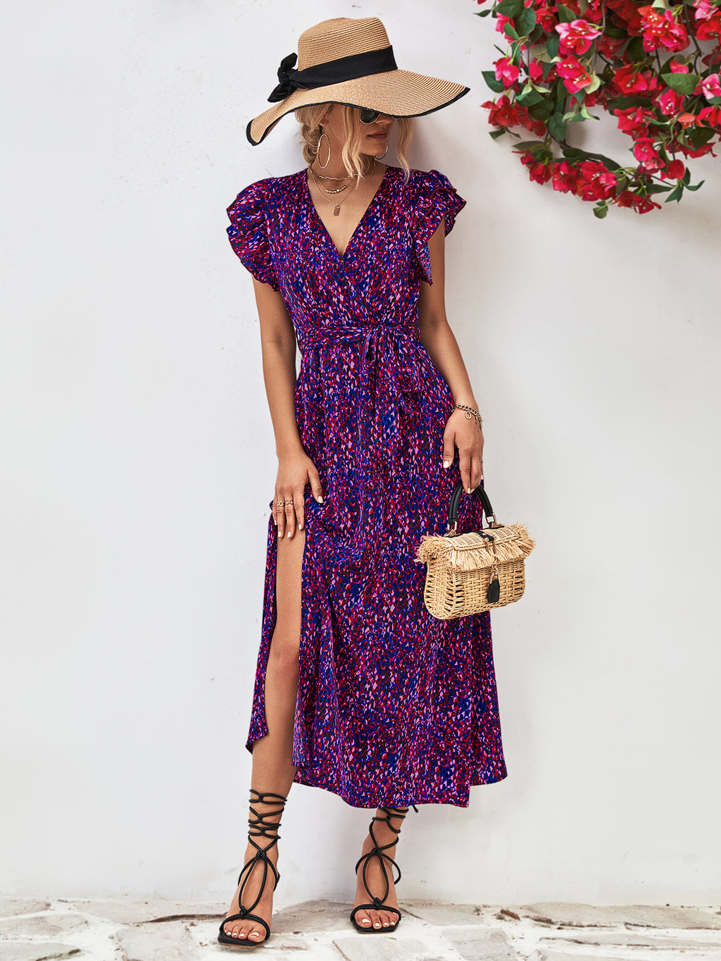 Printed Surplice Neck Flutter Sleeve Slit Dress - Blushé Belle
