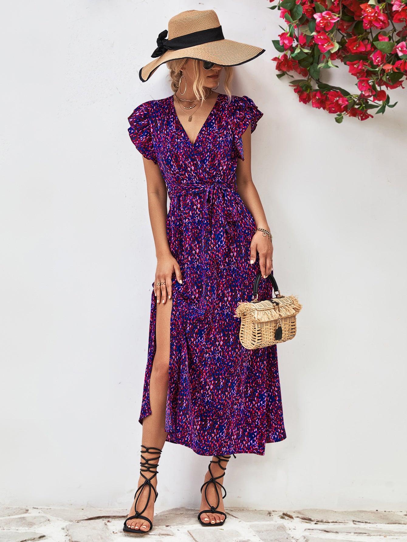 Printed Surplice Neck Flutter Sleeve Slit Dress - Blushé Belle