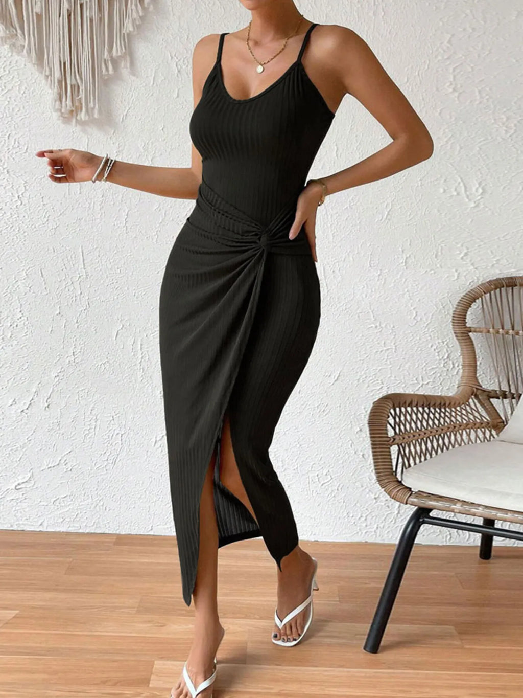 Ribbed Wrap Midi Dress with Side Slit - Blushé Belle