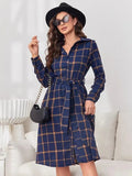 Plaid Tie Waist Long Sleeve Dress - Blushé Belle