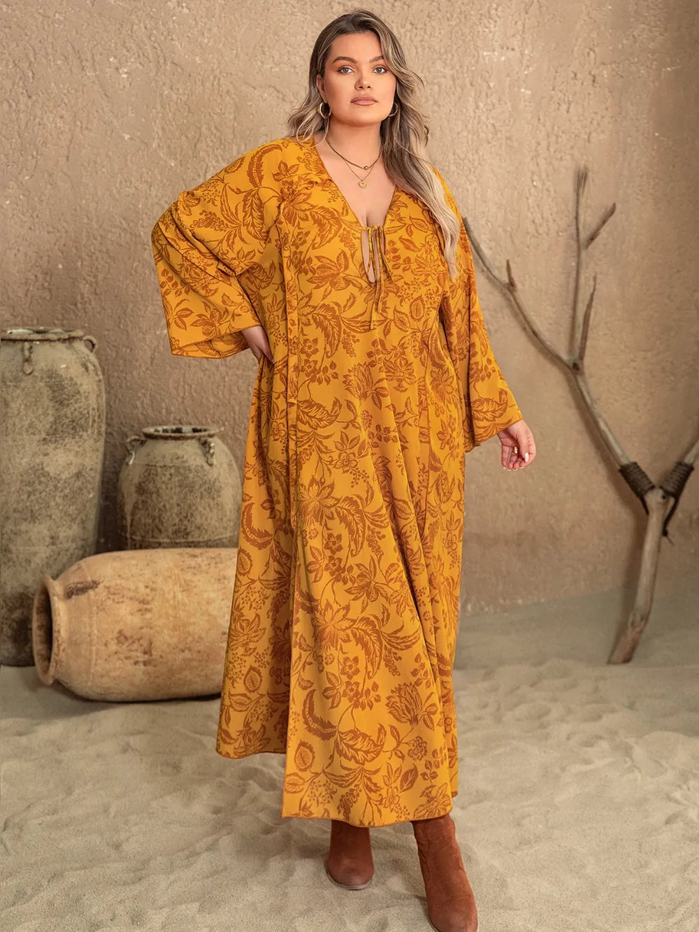 Plus Size Printed Slit Long Sleeve Dress - Blushé Belle