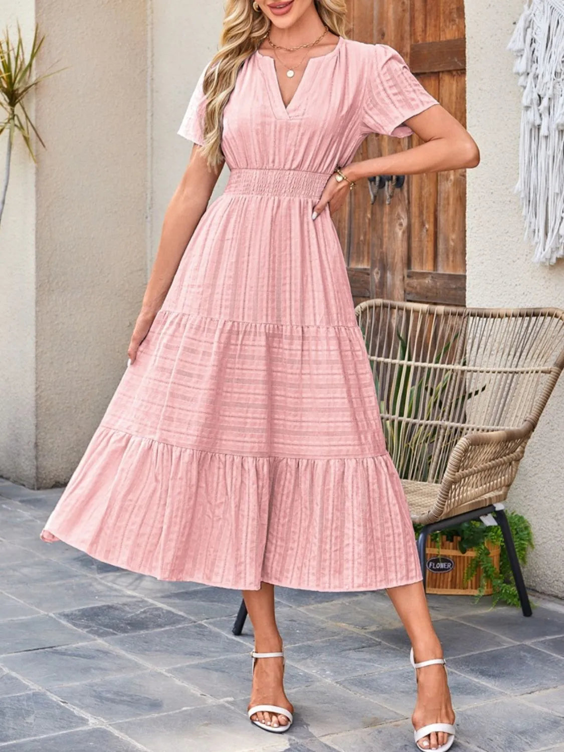 Tiered Notched Short Sleeve Dress - Blushé Belle