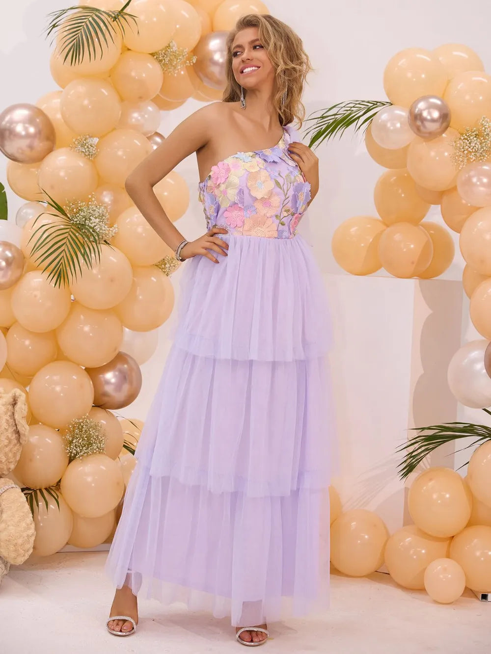 Embroidered Layered Single Shoulder Dress - Blushé Belle
