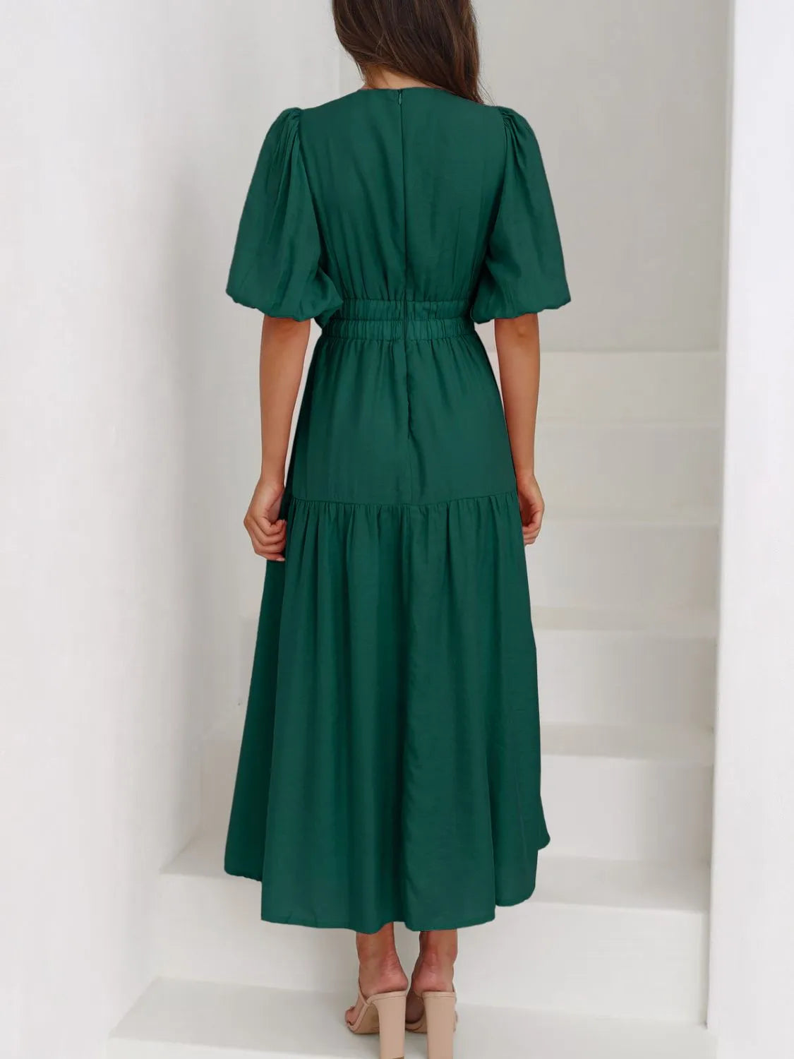 V-Neck Puff Sleeve Midi Dress - Blushé Belle