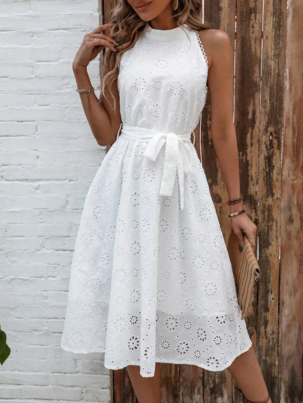 Eyelet Grecian Neck Tie Waist Midi Dress - Blushé Belle