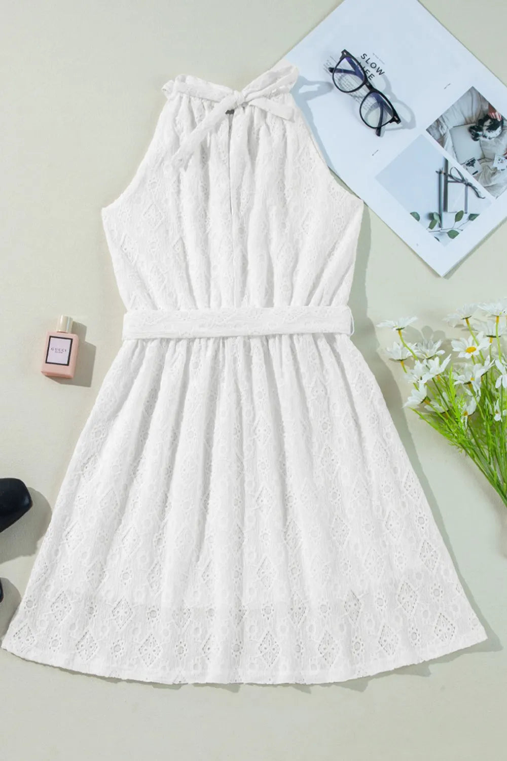 Lace Sleeveless Tied Waist Mini Dress - Blushé Belle