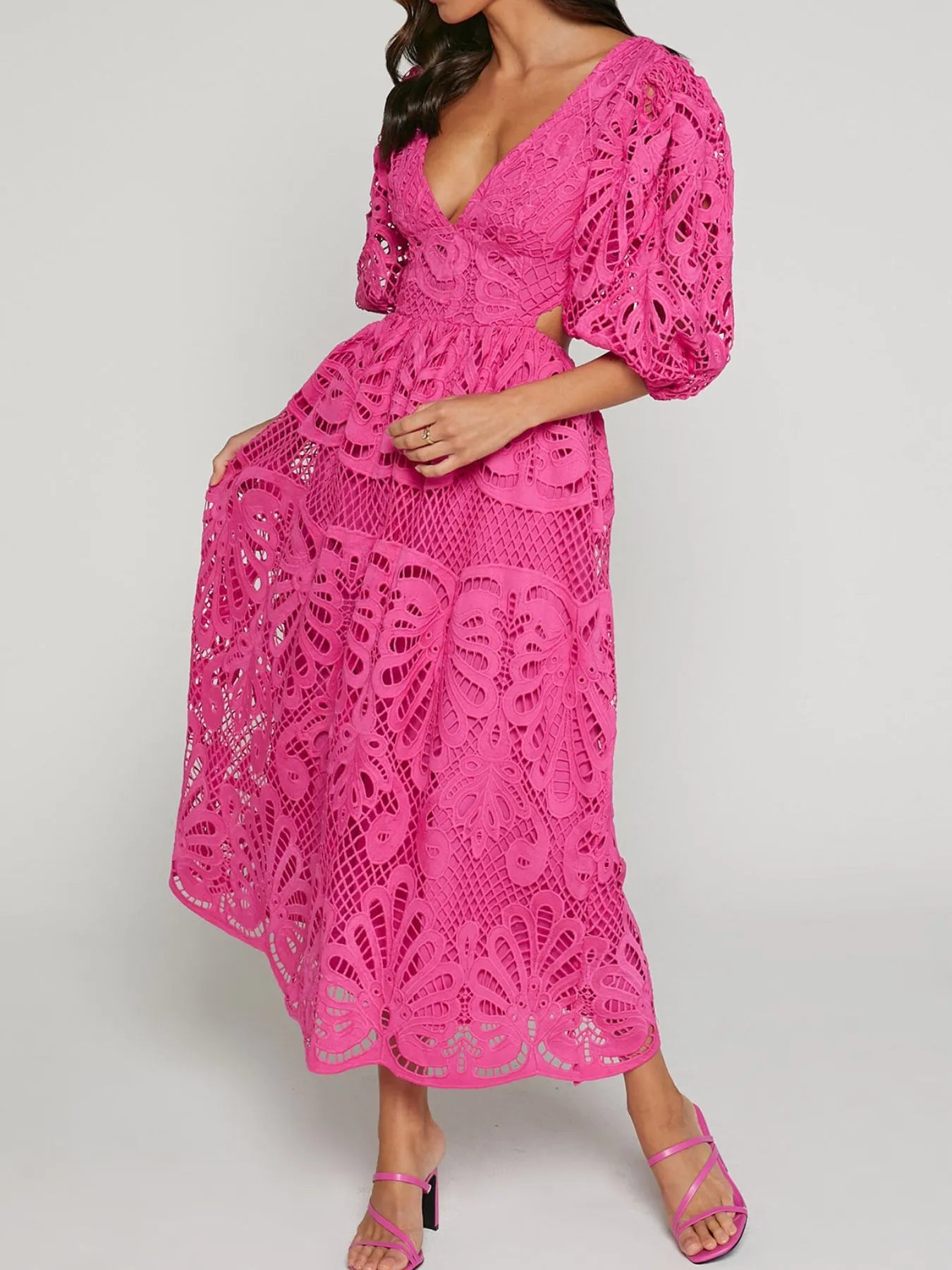 Cutout Back Lace Crochet V-Neck Dress - Blushé Belle