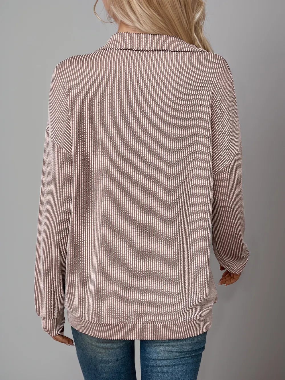 Double Take Striped Half Zip Long Sleeve T-Shirt - Blushé Belle