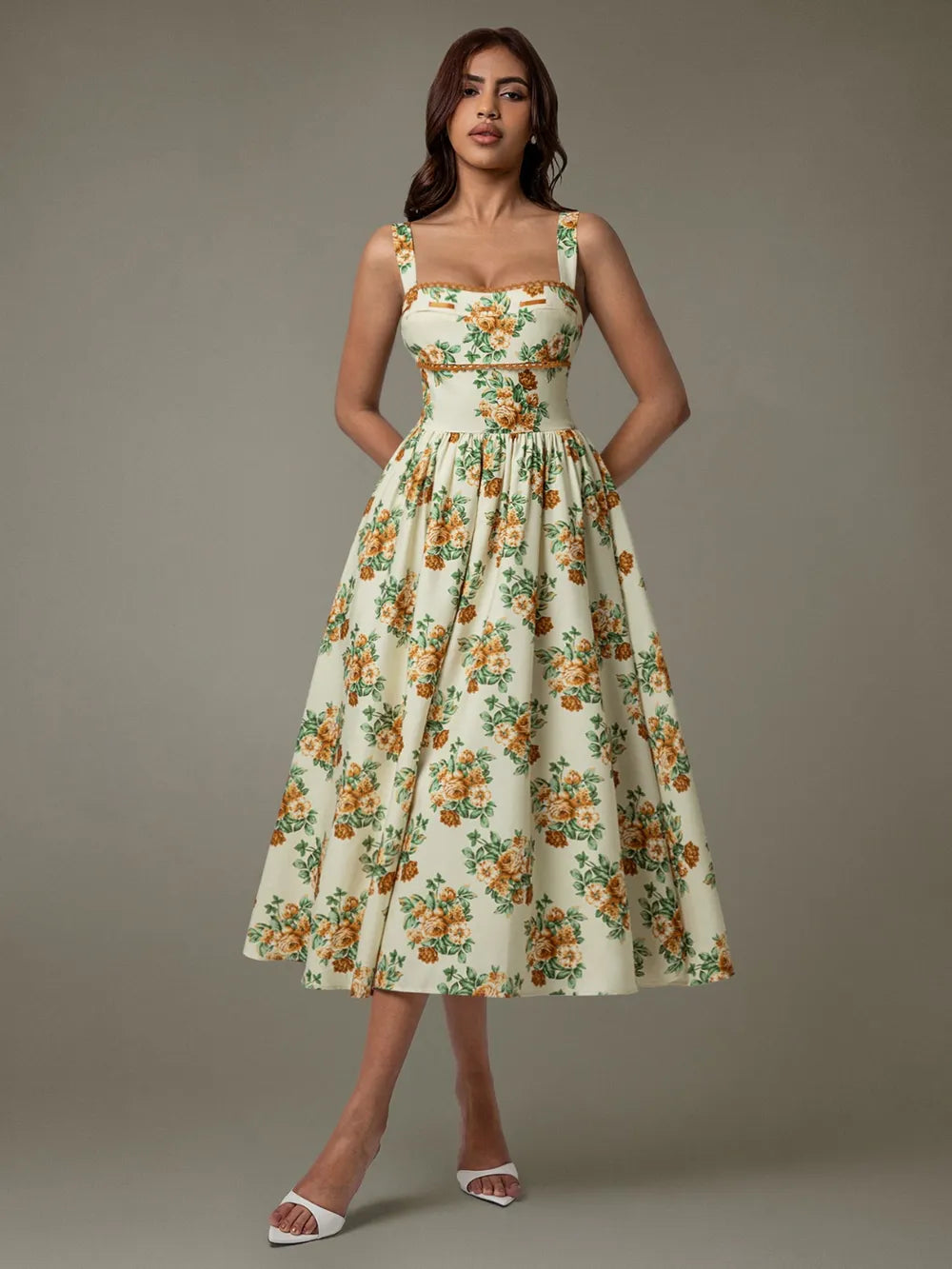 Lace Trim Floral Sleeveless Midi Dress - Blushé Belle