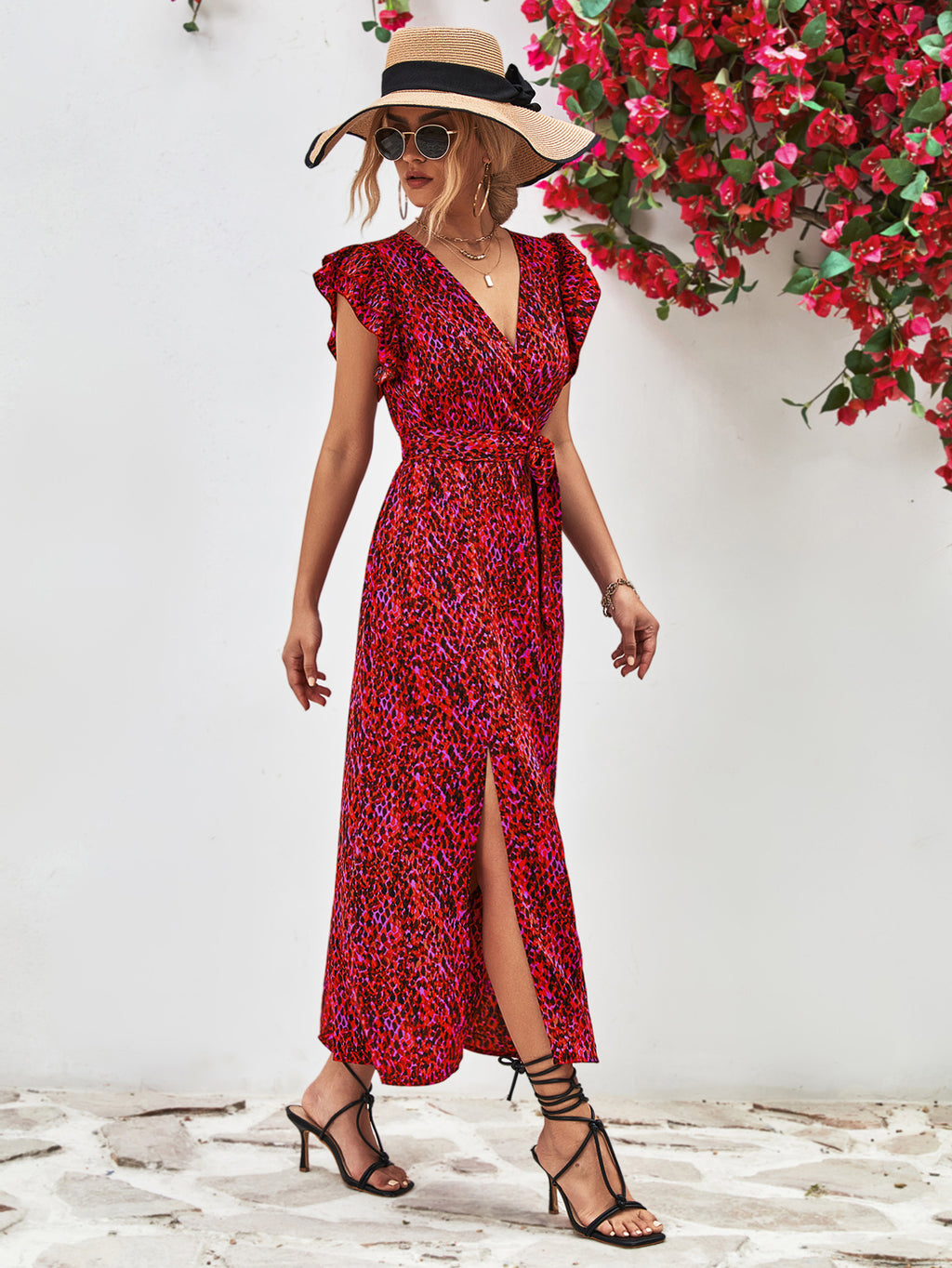 Printed Surplice Neck Flutter Sleeve Slit Dress - Blushé Belle