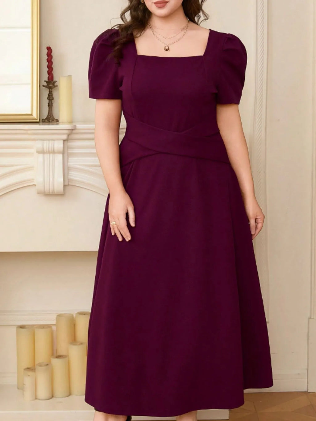 Plus Size Square Neck Puff Sleeve Midi Dress - Blushé Belle