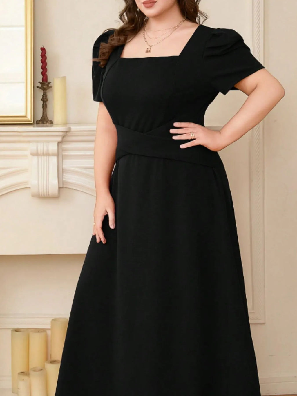 Plus Size Square Neck Puff Sleeve Midi Dress - Blushé Belle
