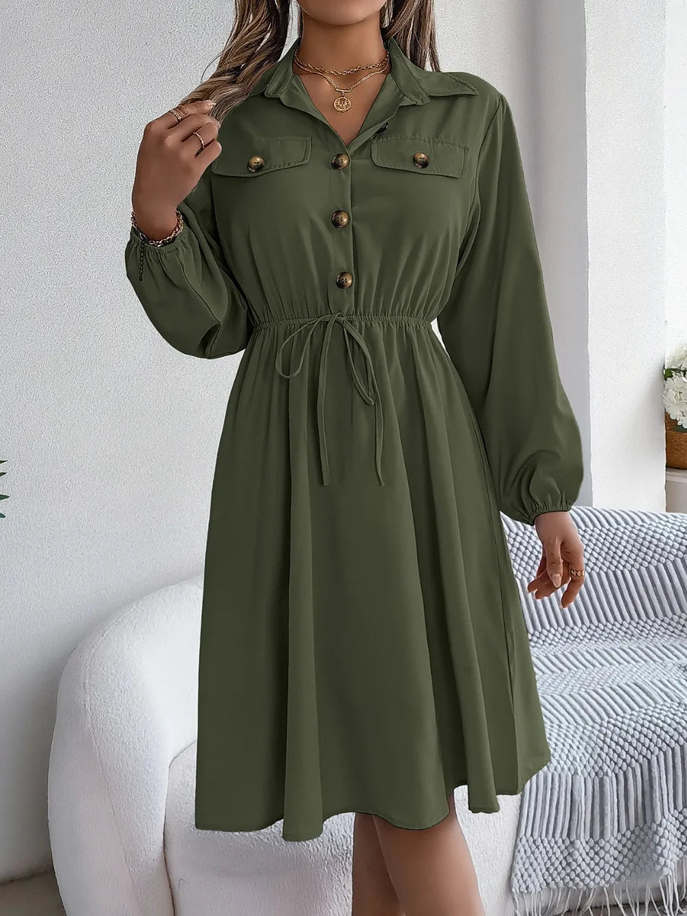 Collared Neck Long Sleeve Dress with Pockets - Blushé Belle