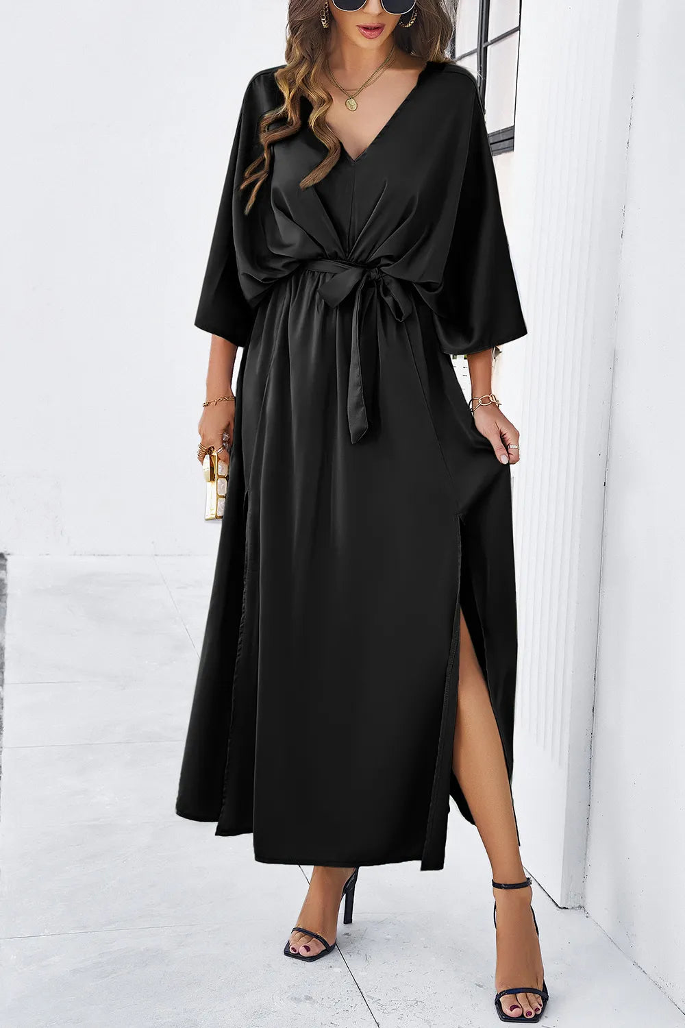 Devine Slit Tied V-Neck Three-Quarter Sleeve Dress - Blushé Belle