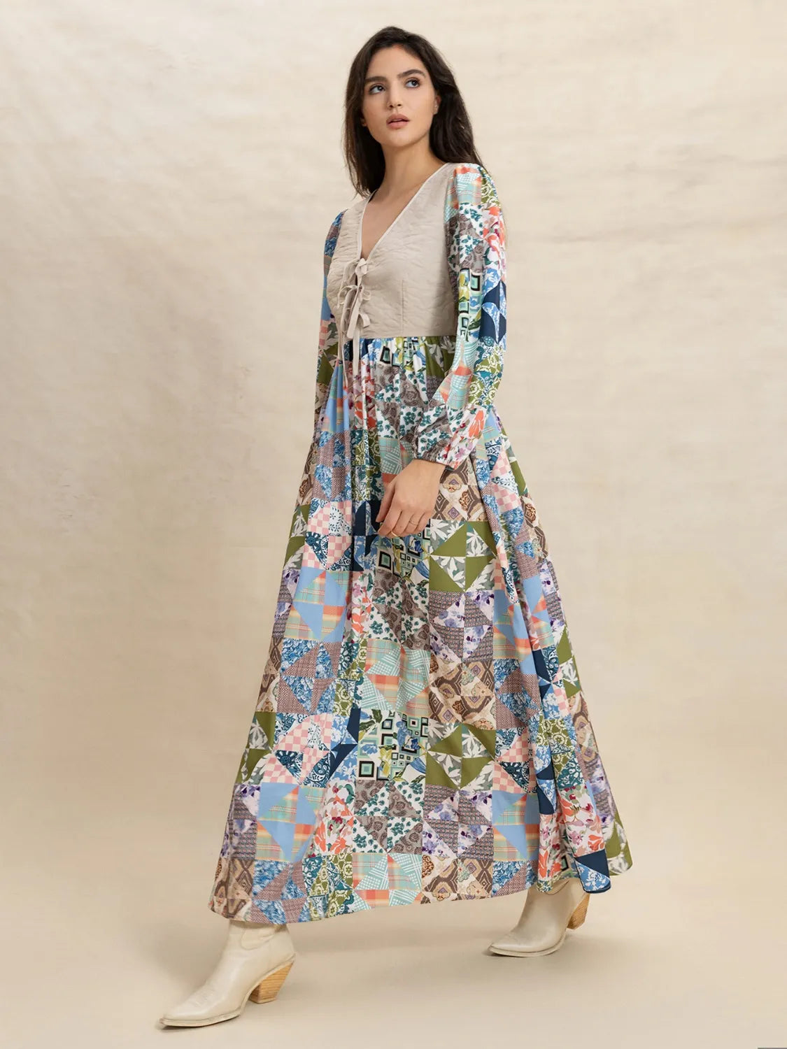 Tied Front Printed Long Sleeve Maxi Dress - Blushé Belle