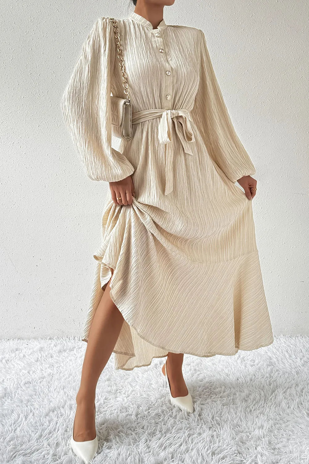 Honey Tied Button Up Balloon Sleeve Dress - Blushé Belle