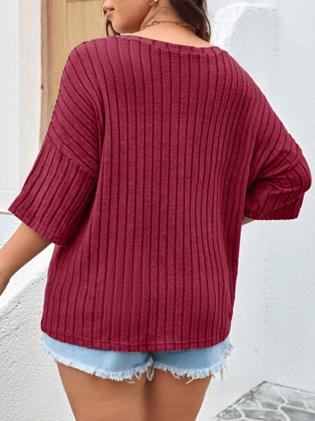 Plus Size V-Neck Ribbed Knit T-Shirt - Blushé Belle