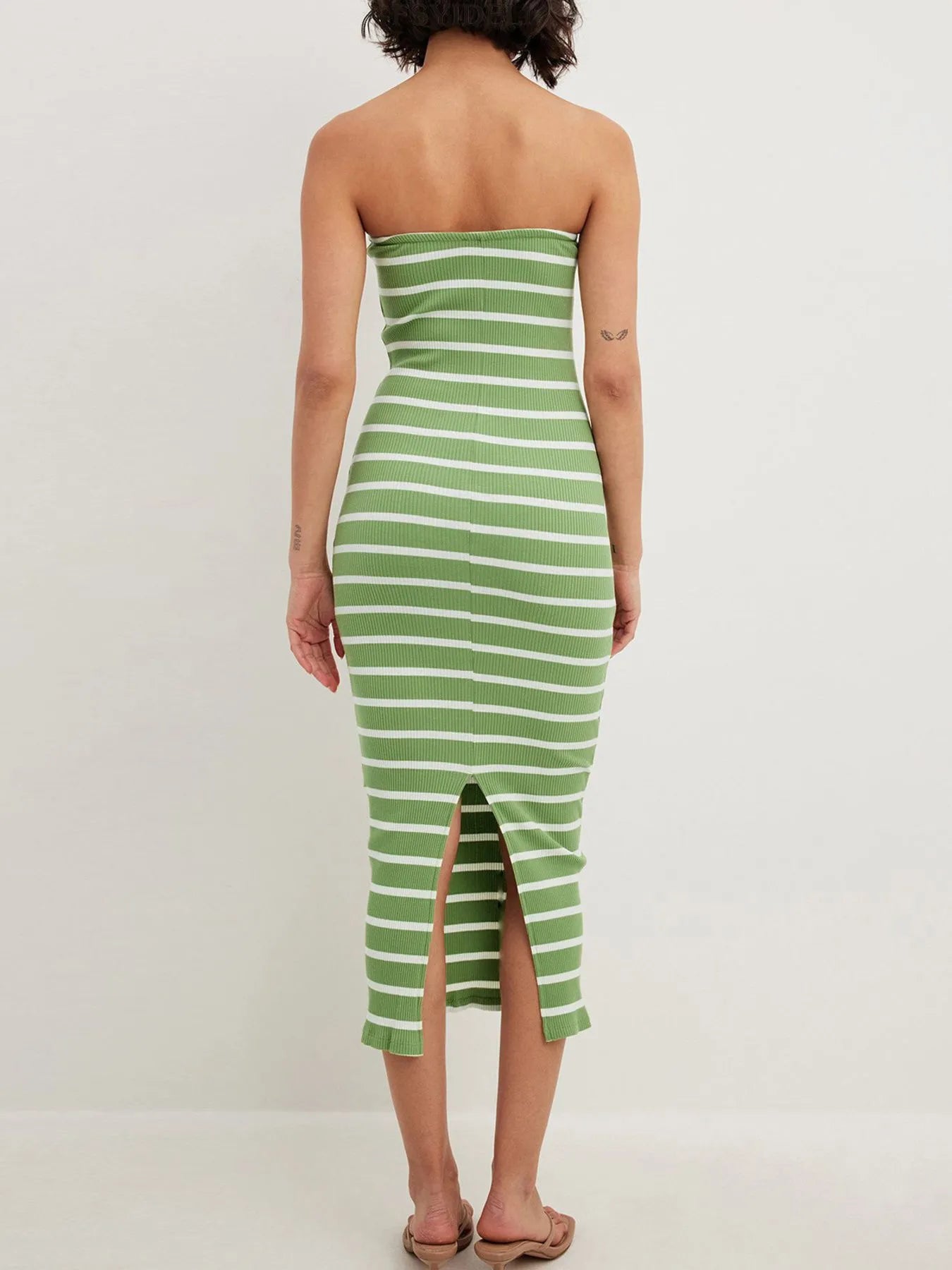 Slit Back Striped Strapless Bodycon Midi Dress - Blushé Belle