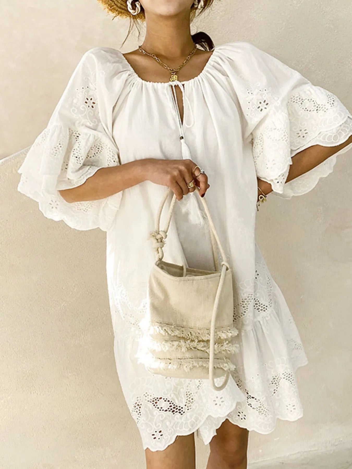 Eyelet Embroidered Tassel Tie Neck Dress - Blushé Belle