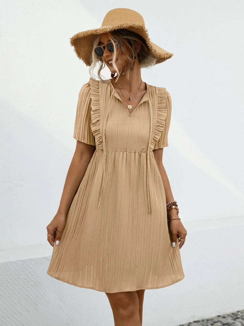 Tie Neck Short Sleeve Mini Dress - Blushé Belle