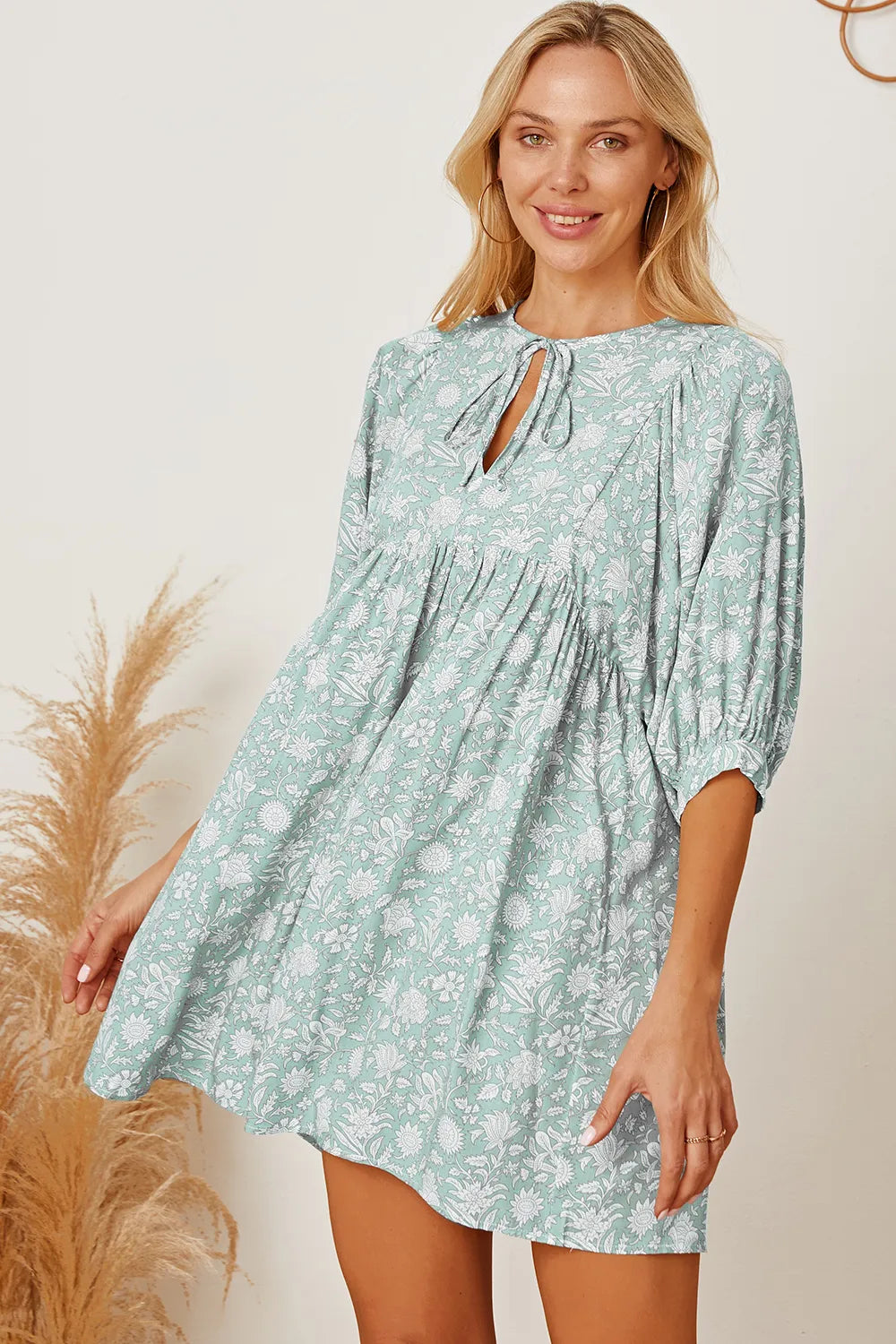 Floral Tie Neck Ruched Babydoll Dress - Blushé Belle