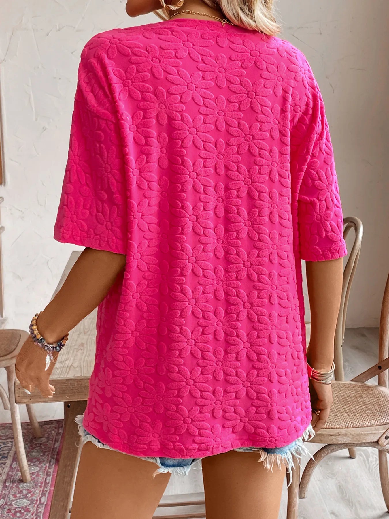 Textured Round Neck Oversized T-Shirt - Blushé Belle