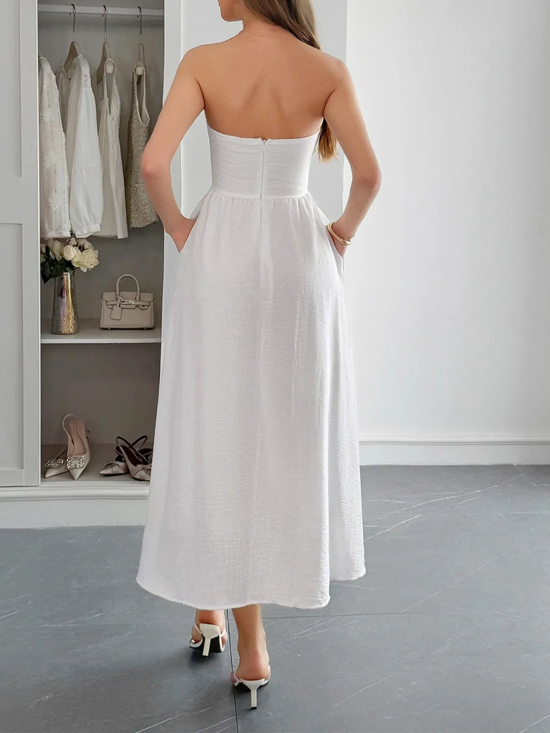 Strapless A-Line Midi Dress with Pockets - Blushé Belle