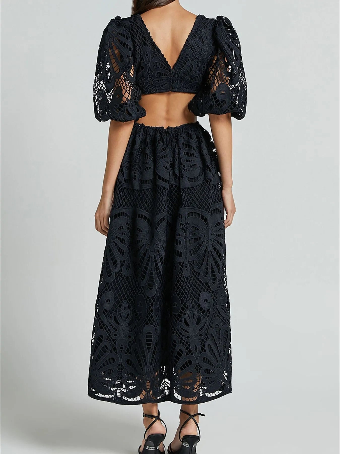 Cutout Back Lace Crochet V-Neck Dress - Blushé Belle