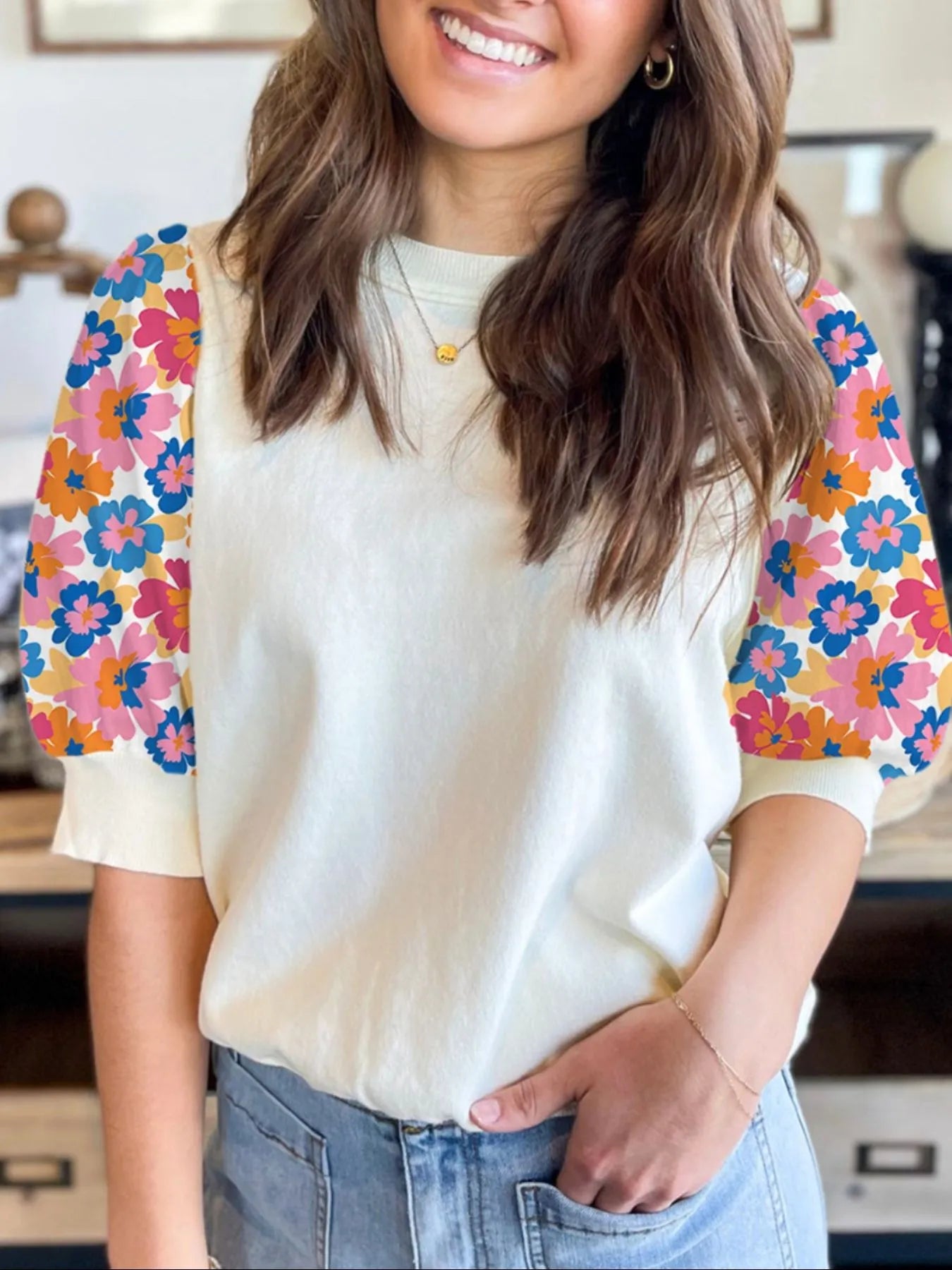 Floral Puff Sleeve Round Neck T-Shirt - Blushé Belle