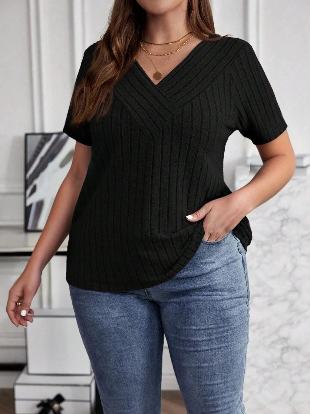 Plus Size V-Neck Short Sleeve Ribbed T-Shirt - Blushé Belle
