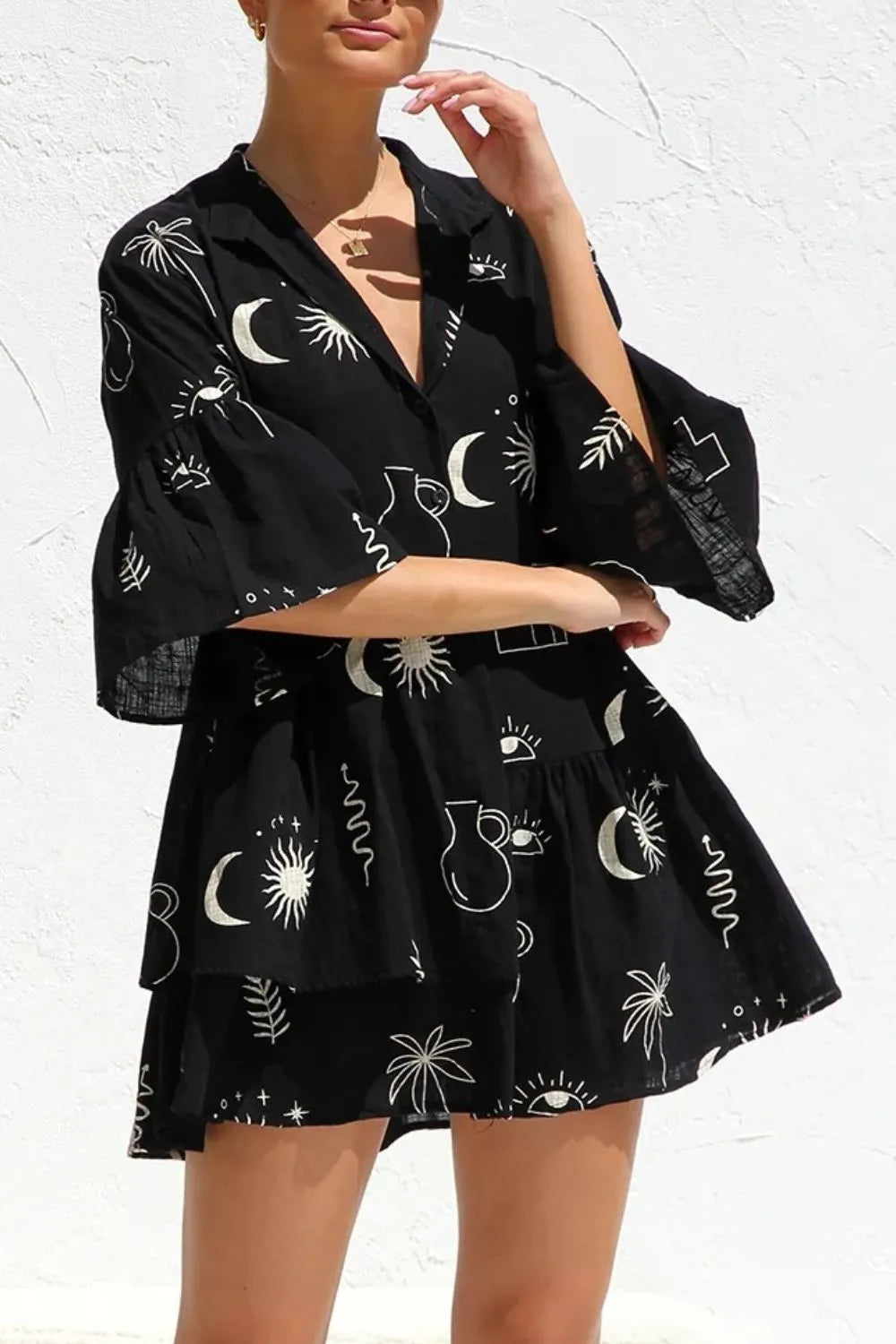 Ruched Printed Three-Quarter Sleeve Mini Dress - Blushé Belle