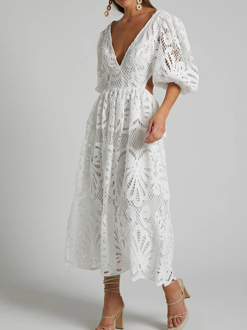 Cutout Back Lace Crochet V-Neck Dress - Blushé Belle
