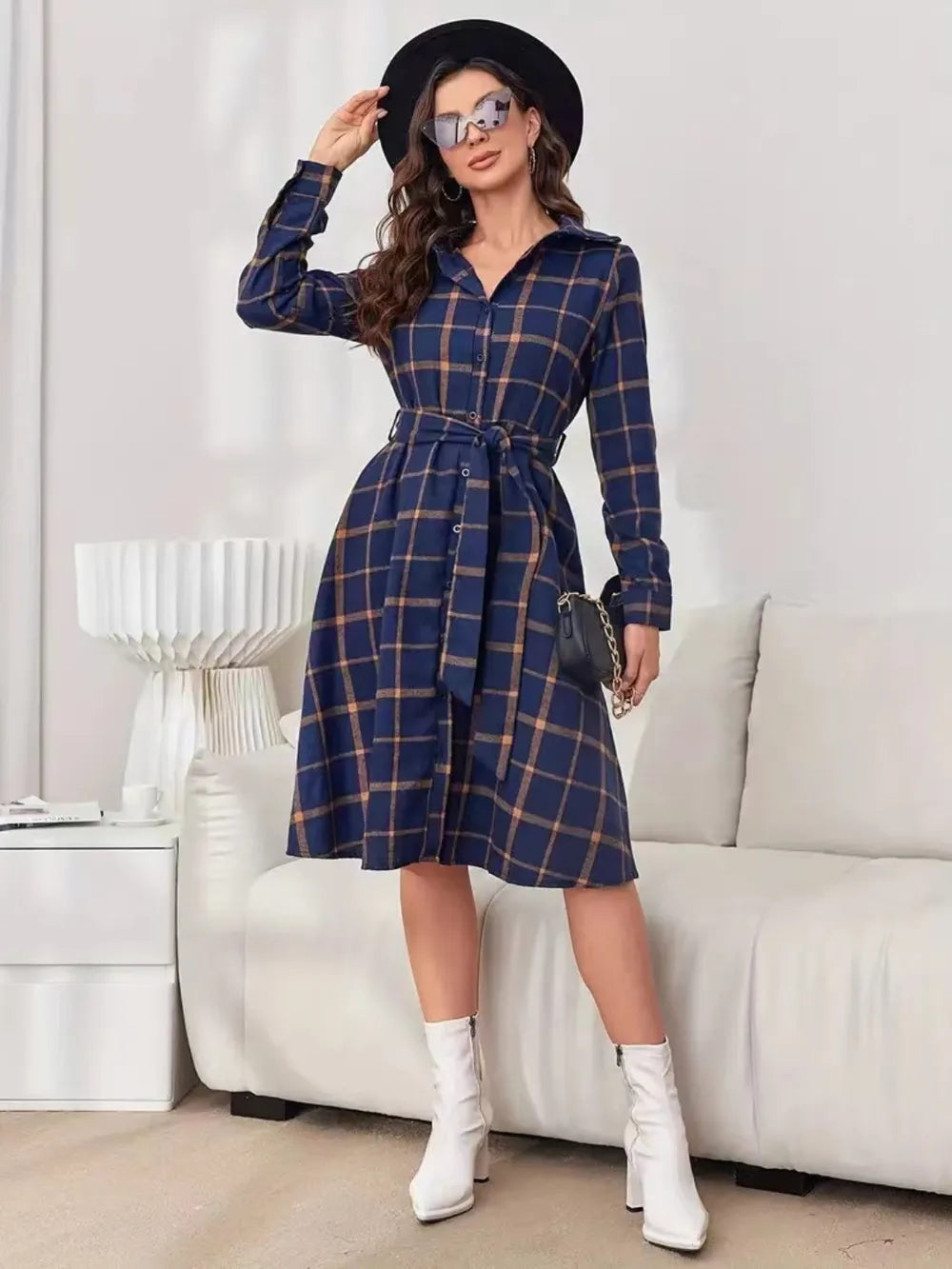 Plaid Tie Waist Long Sleeve Dress - Blushé Belle
