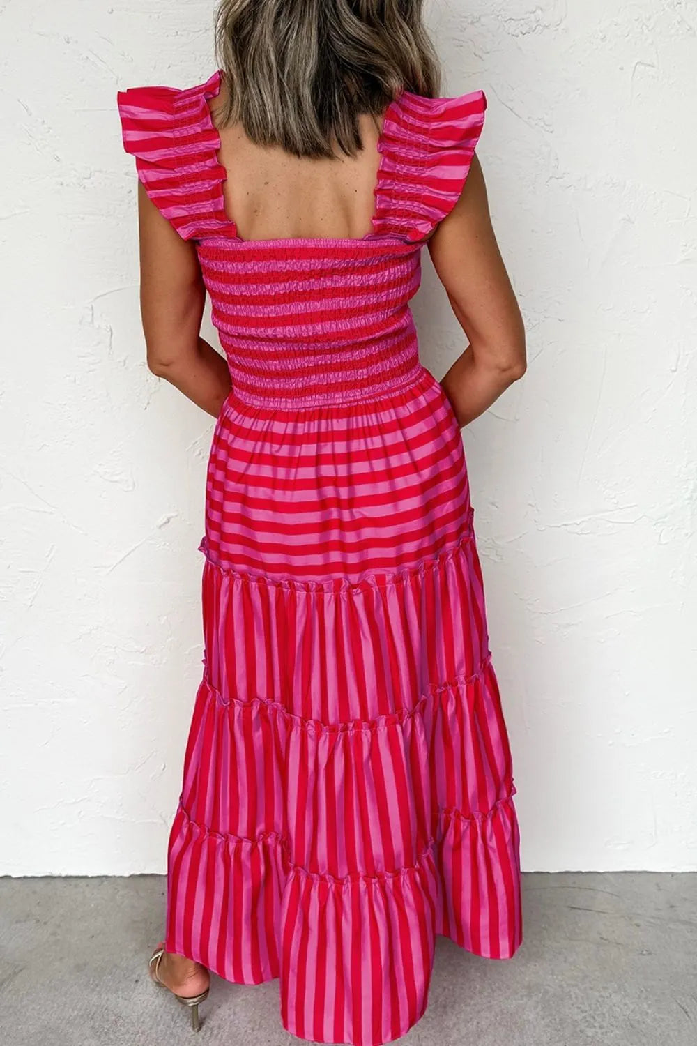Stripe Flutter Sleeve Smocked Bodice Tiered Maxi Dress - Blushé Belle