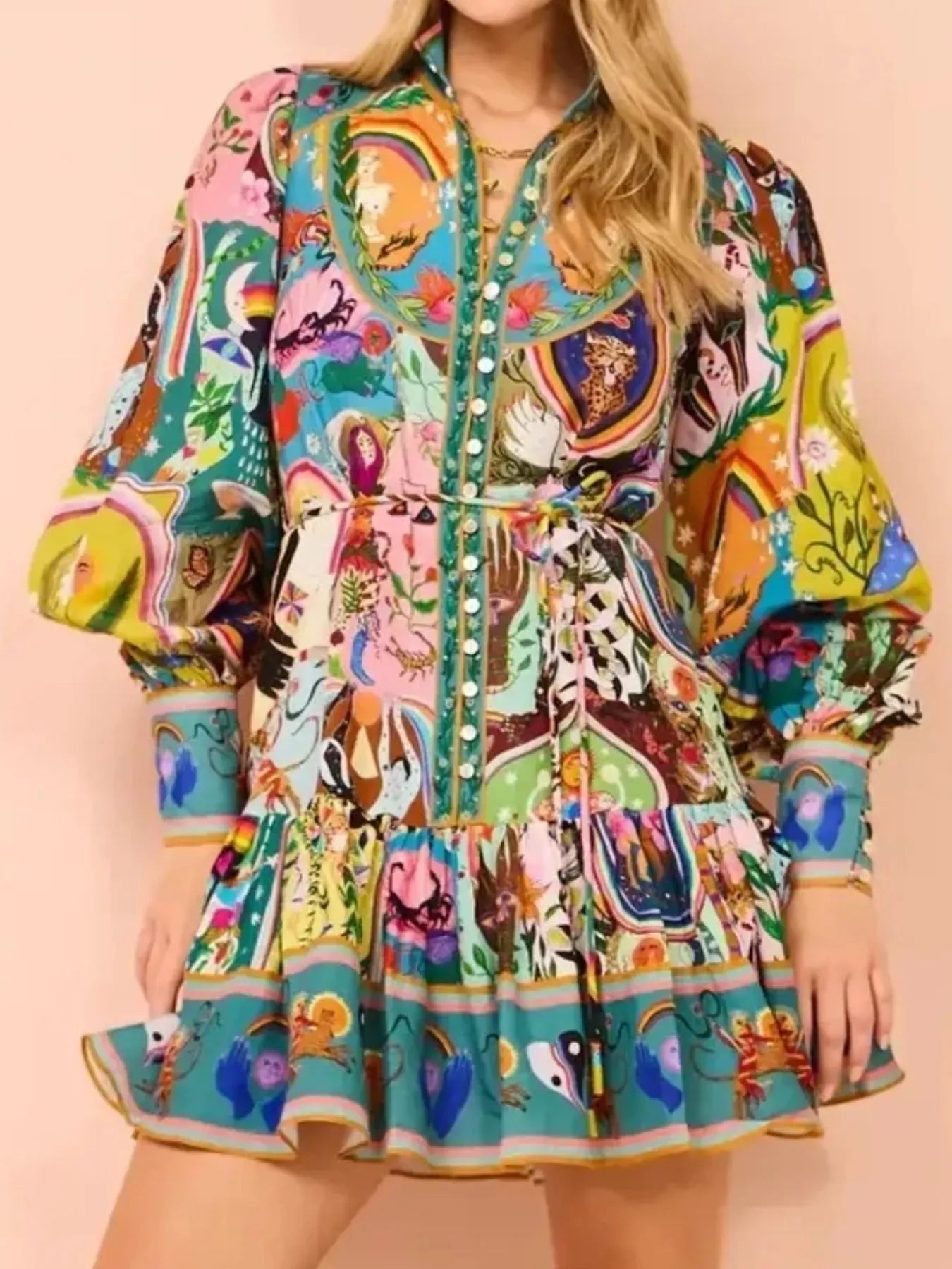 Printed Long Sleeve Mini Dress with Belt - Blushé Belle
