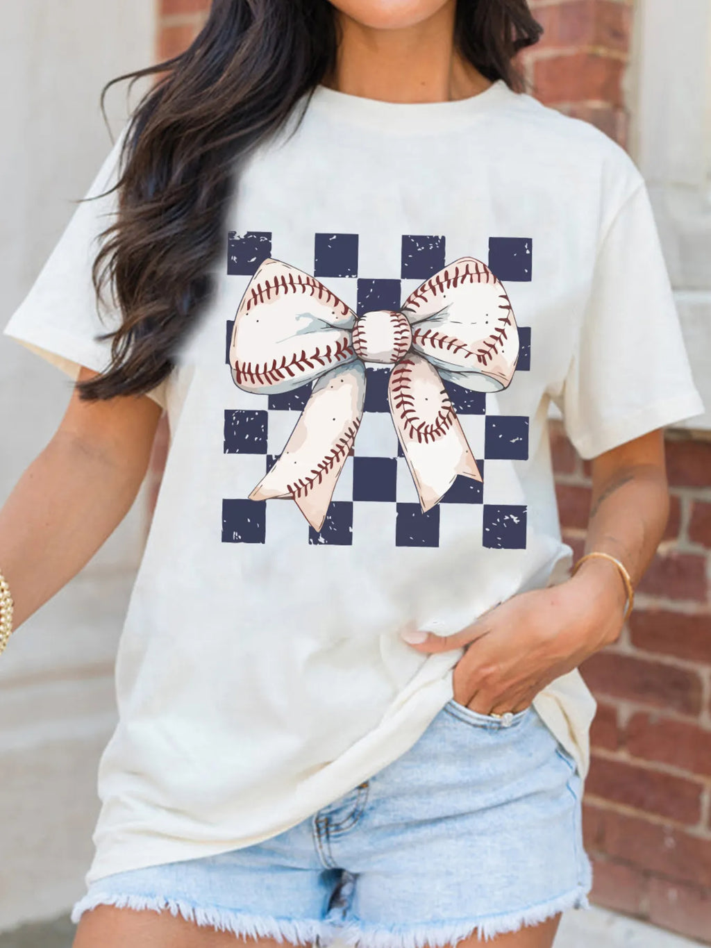 Checkered Bowknot Graphic Crew Neck T Shirt - Blushé Belle