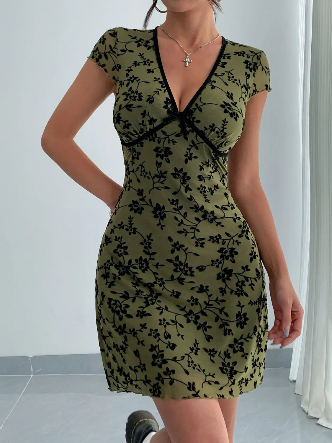 Printed V-Neck Short Sleeve Mini Dress - Blushé Belle