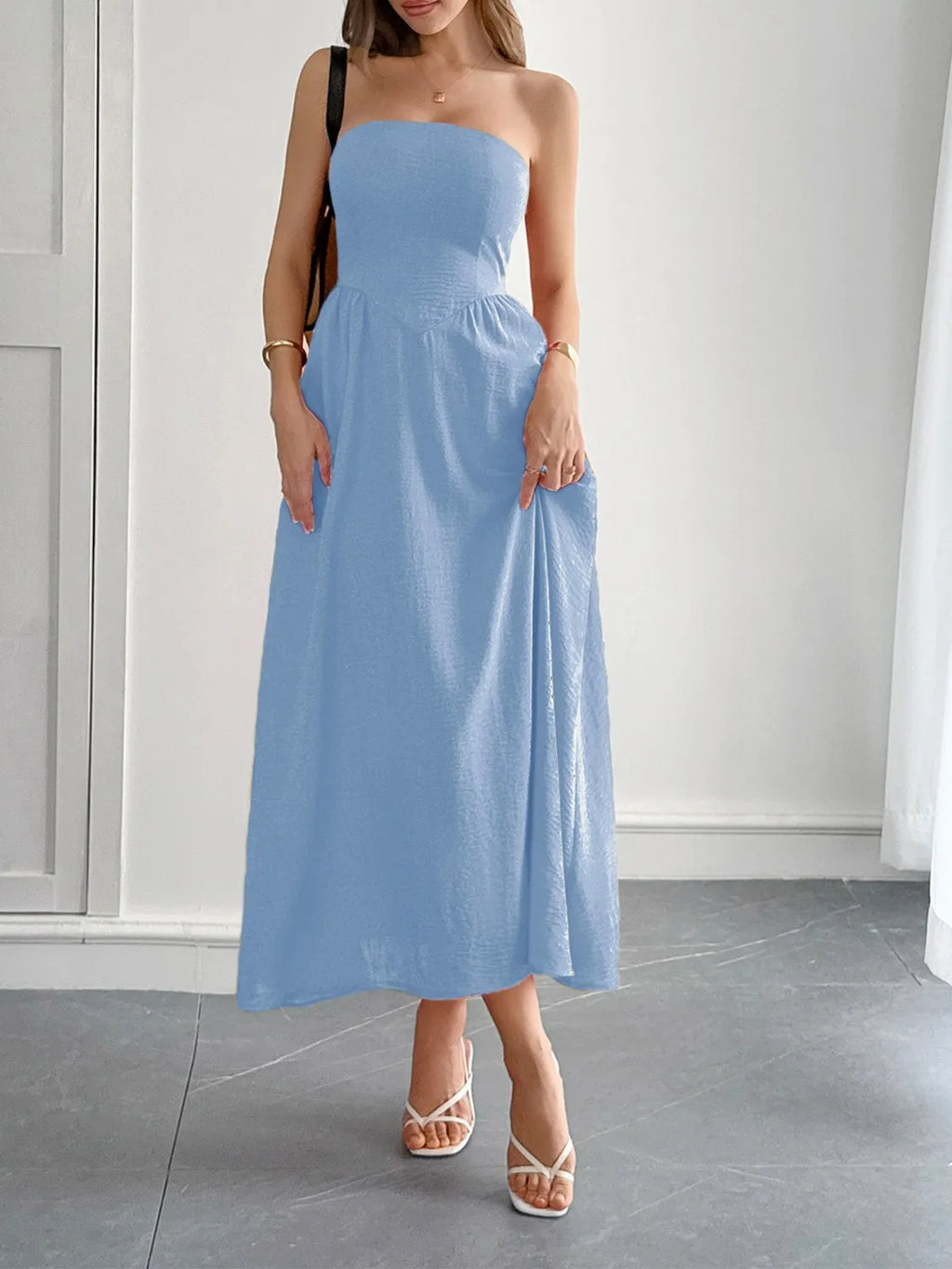 Strapless A-Line Midi Dress with Pockets - Blushé Belle